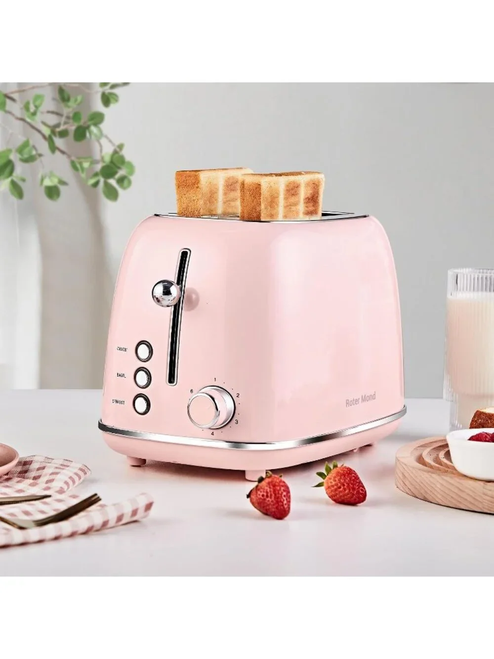2 Slice Pink Retro Stainless Steel with Bagel Defrost Functions Tray Toaster